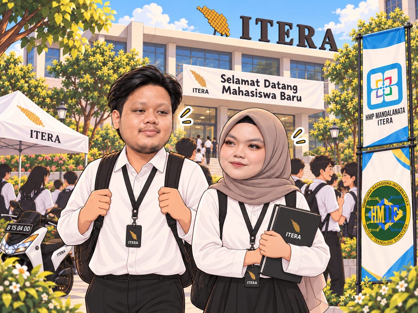 Ilustrasi Daffa dan Dinda berseragam mahasiswa baru dengan tas dan buku, berjalan di depan gedung ITERA bersama mahasiswa lain.