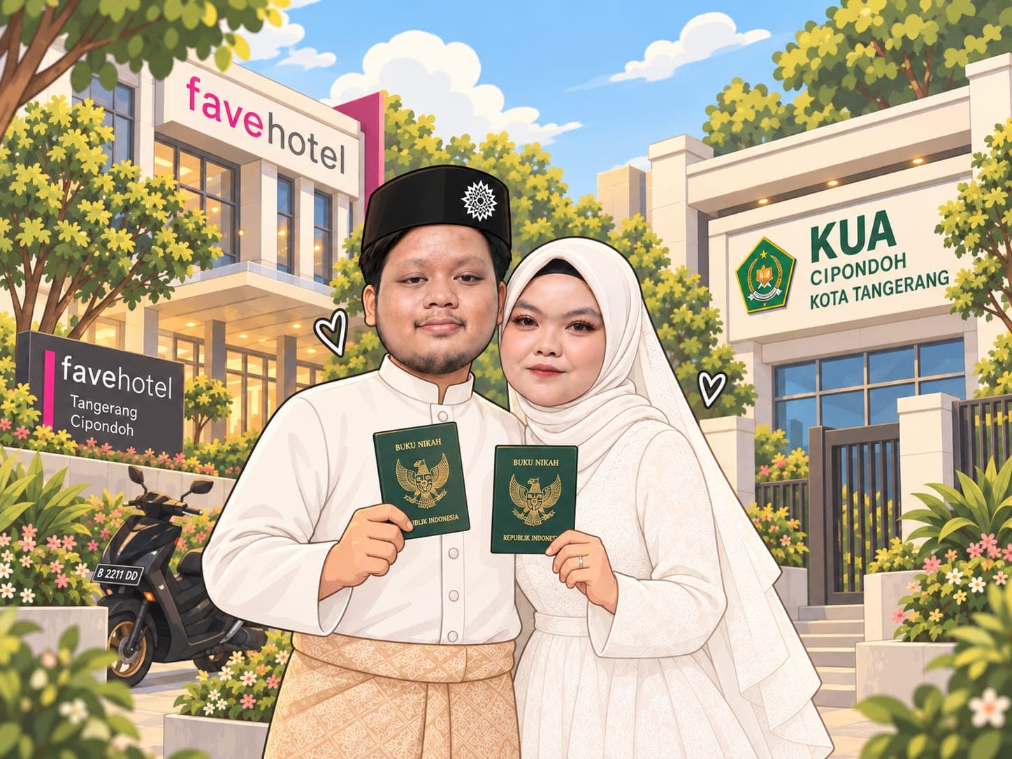 Ilustrasi Daffa dan Dinda berbusana pengantin putih, memegang buku nikah di depan KUA Cipondoh sebagai gambaran babak baru mereka.
