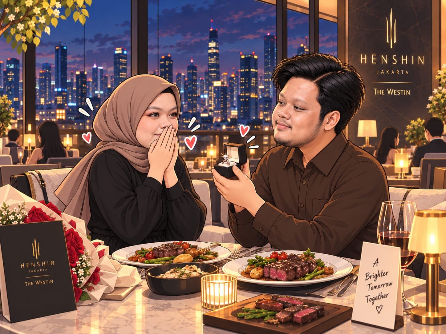 Ilustrasi Daffa memberikan cincin kepada Dinda di meja makan dengan cahaya lilin dan pemandangan kota malam hari.