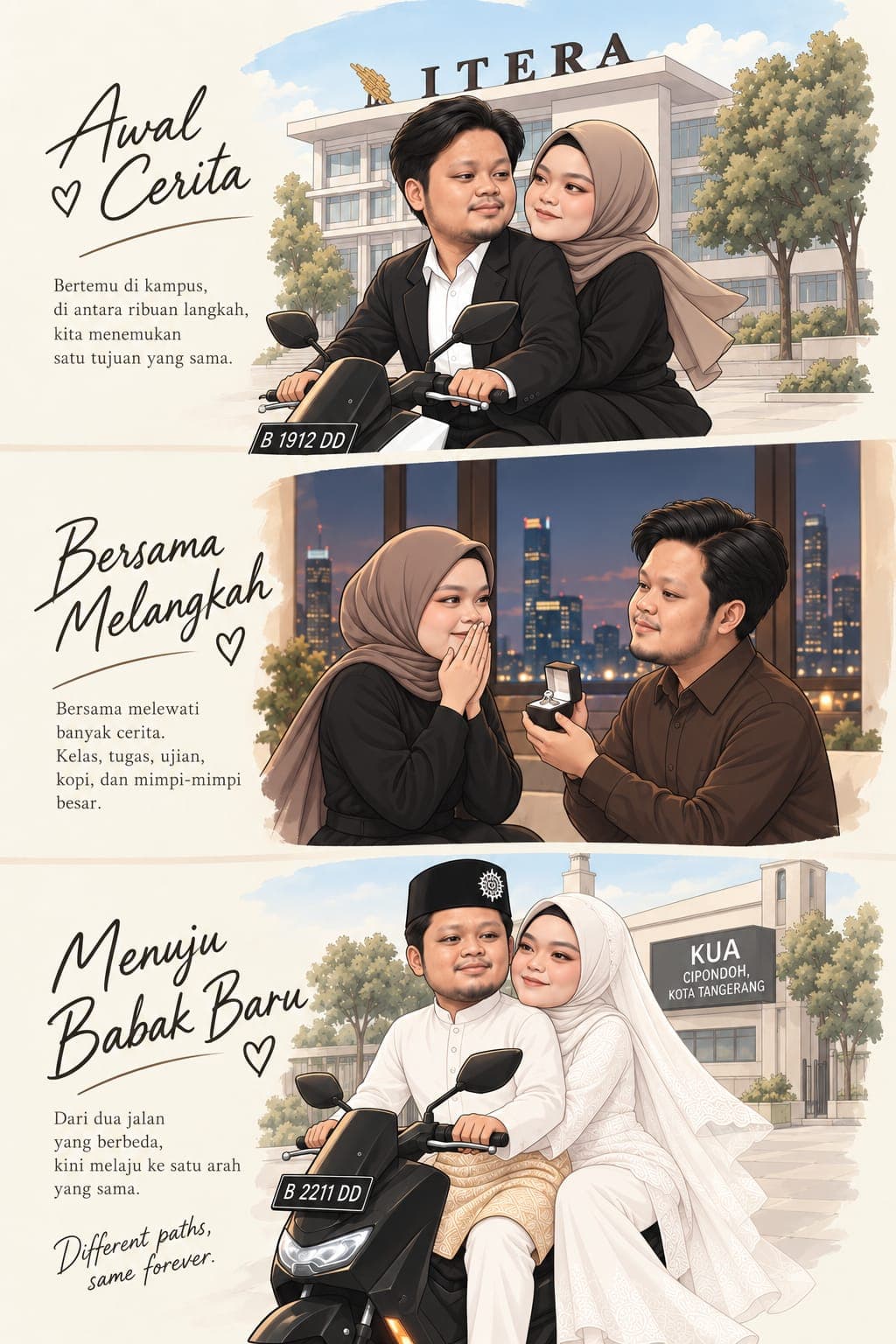 Poster lengkap perjalanan Daffa dan Dinda: bertemu di ITERA, lamaran, dan menuju babak baru bersama.